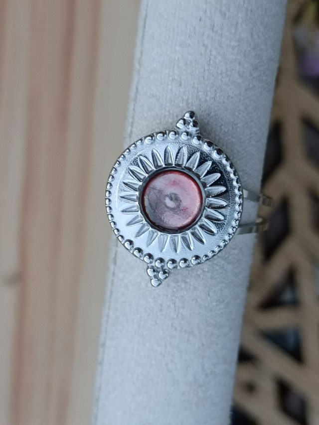 Bague Ethnique réglable - Argent - Résine Rouge