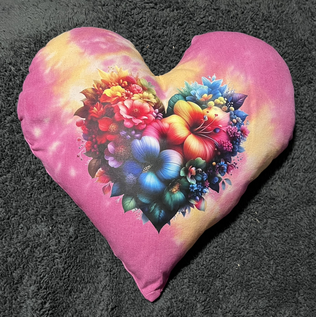 Hand tie dye cushion with heart flowers