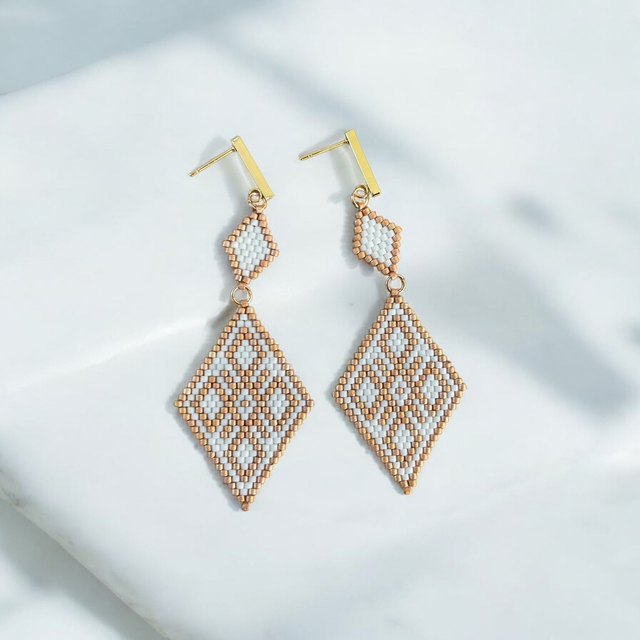 Boucles d'oreilles duo de losanges blanc et or rose