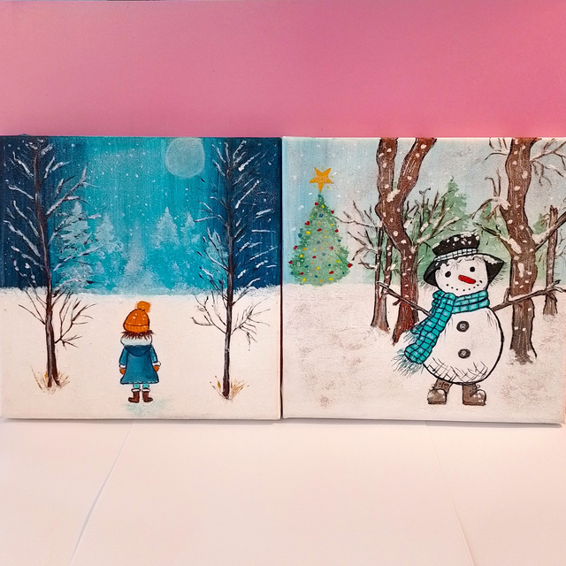 Charming Handmade Festive Winter Scene Canvas Painting - 2 Designs 20 x 20cm