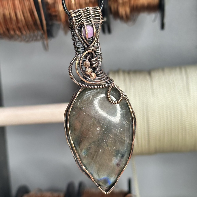 Purple labradorite pure copper wrapped pendant 