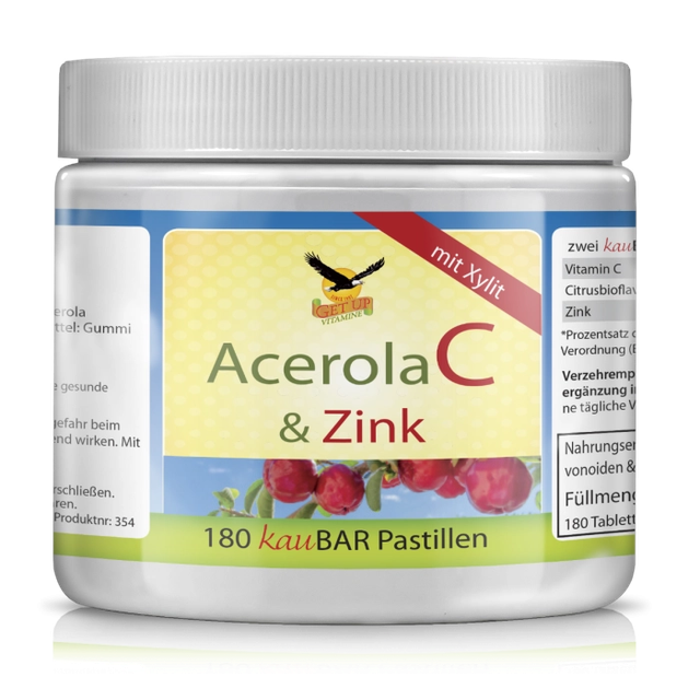 Get UP - Acerola C mit 300 mg Vitamin C &amp; Zink, 180 kaubare, zuckerfreie Pastillen