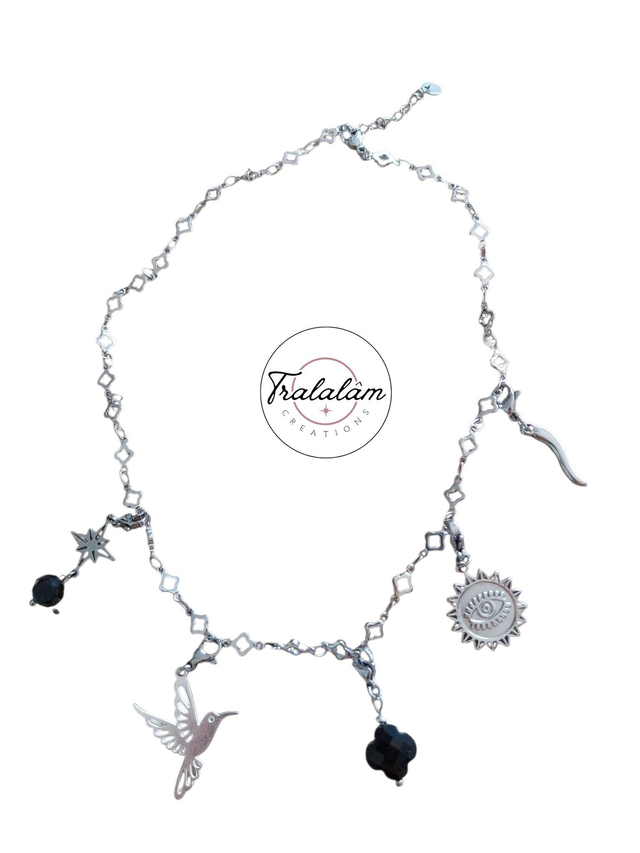 ✨Collier à breloques porte-bonheur "argenté noir"✨