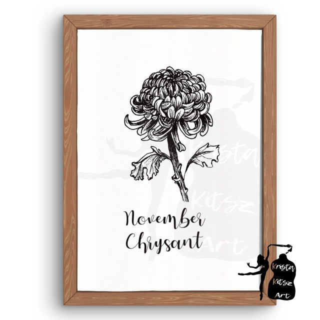 Geboortebloem November Chrysant in zwart wit,  luxe kunstprint op fine art papier van originele tekening, met of zonder tekst 