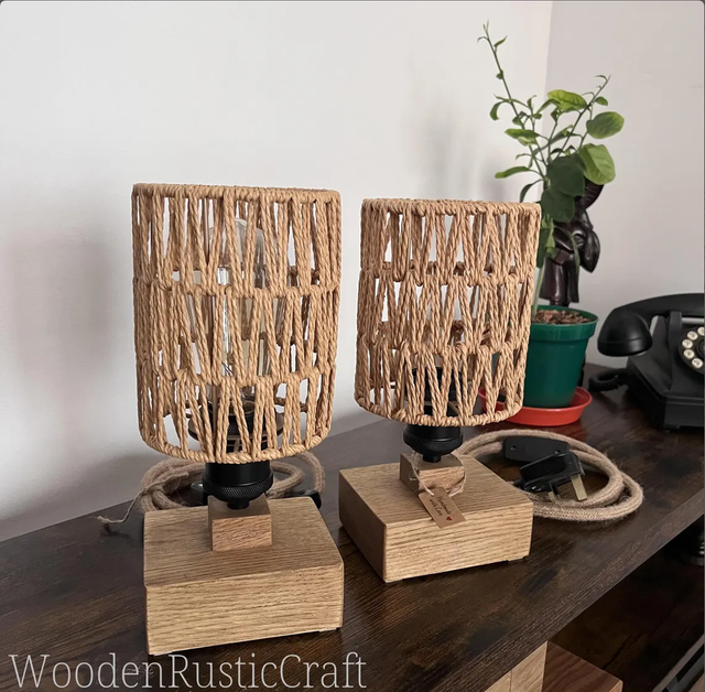 Pair of Handmade Solid Oak Bedside Lamps