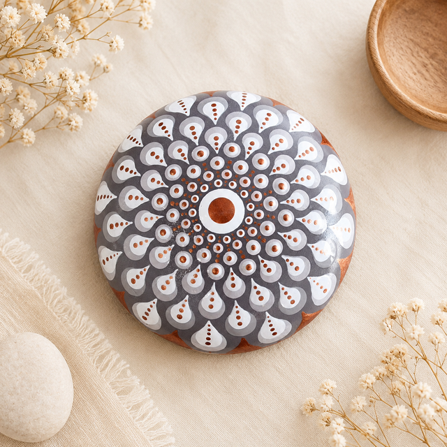 Petite pierre mandala en pointillisme cuivré et blanc