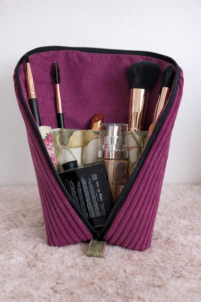Trousse à maquillage nomade velours côtelé lilas