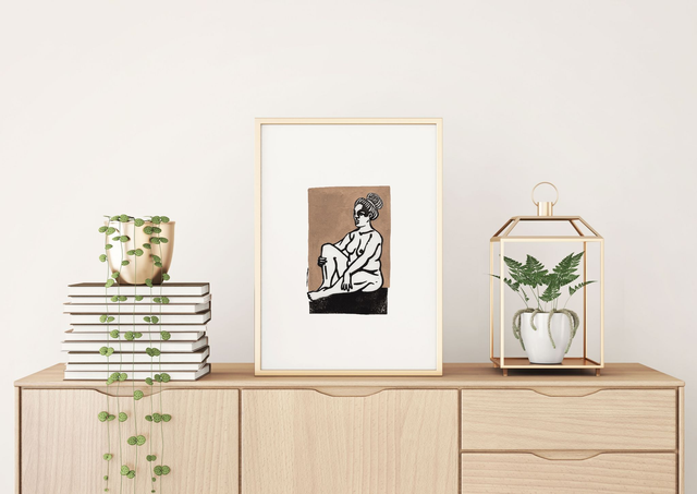 Dessin de femme nue "I love my body" en linogravure