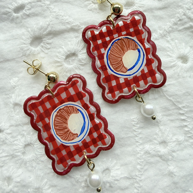 Red Gingham Croissant Pearl Earrings