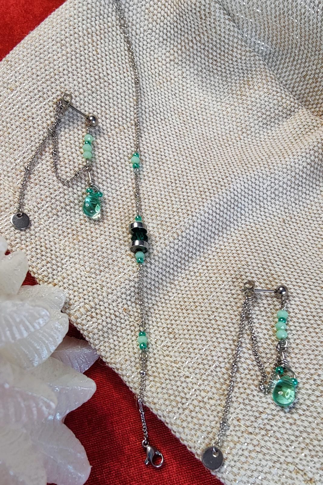 Coffret bijoux - Boucles & Bracelet assortis - Vert d'eau & Argenté