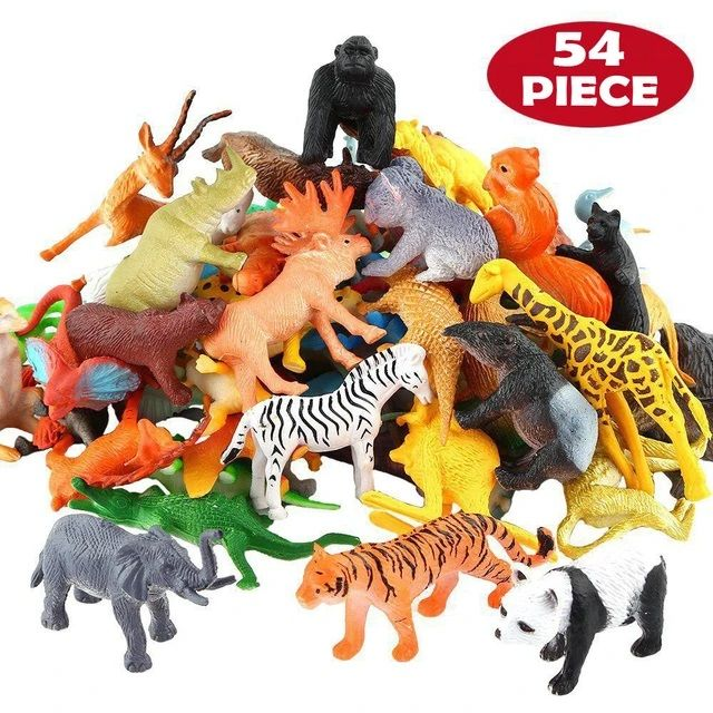 54 Pcs Mini Dschungel Tier Spielzeug Set Realistische Wilden Kunststoff Tiere Lernen Spielzeug Elefanten Gazelle Giraffe Gnu Gorilla Lion Tiger