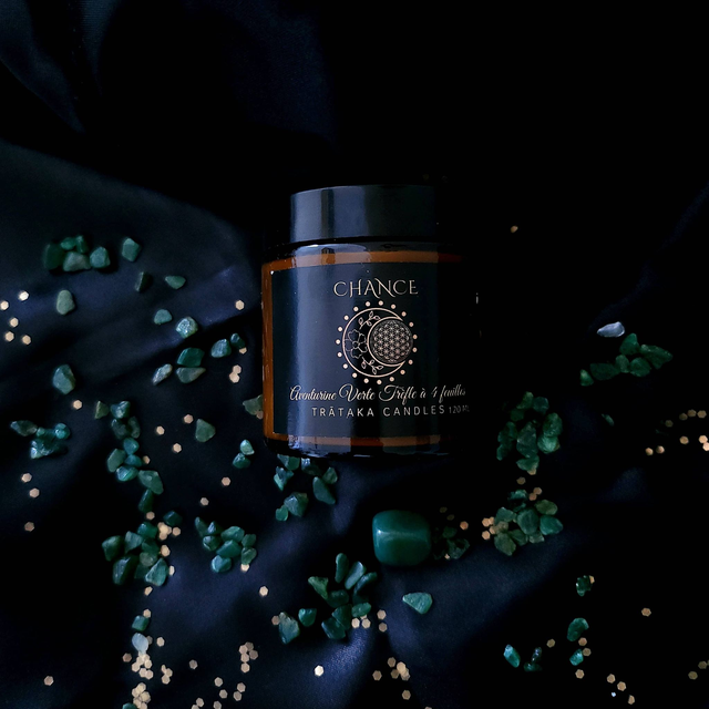 Bougie &#039;Chance&#039; - Parfum Trèfle à 4 feuilles - Aventurine verte 
