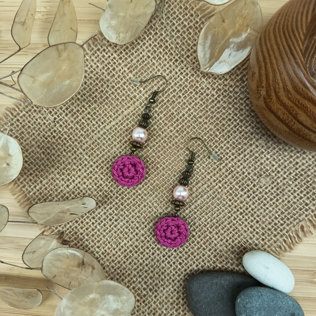 Parure fuchsia et bronze - Boucles d'oreilles fuchsia pendantes