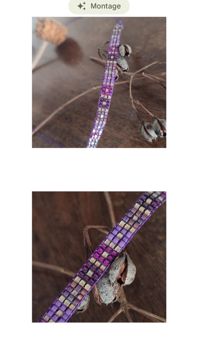 Bracelet carreaux or et violine, tissé main en perles de verre miyuki sur fil de Jade résistant, pièce unique 