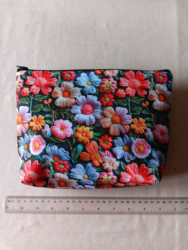 Box/Wash/Cosmetic Bag Little Johnny 3D Flowers Cotton Fabric with Black Waterproof Lining