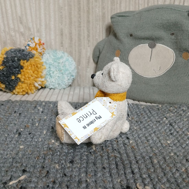 Prince. Miniature size, handmade teddy bear. UKCA. Tray base packaging. Standard Wool Felt. Beige. Mustard. Grey. Sand.