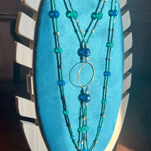 Sautoir Alzire Bleu Jean & Vert émeraude 