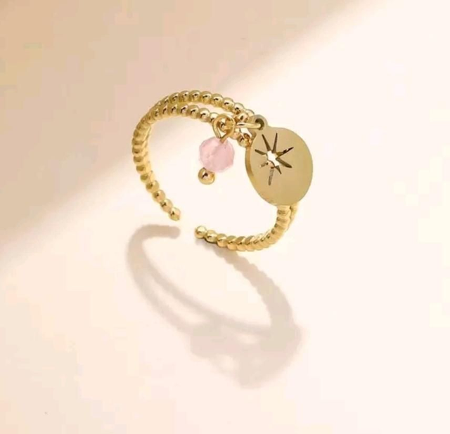 Bague en Quartz rose,  breloque - ajustable - couleur or - en acier inoxydable 