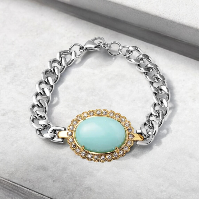 Natural Amazonite & Zircons Dual Tone Bracelet.