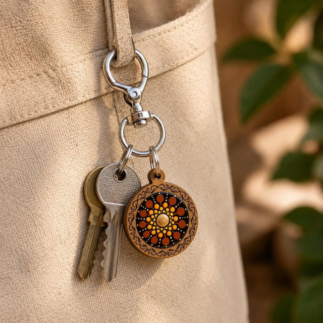 Porte-clés en bois mandala orange, marron &amp; cuivré  – Peint à la main