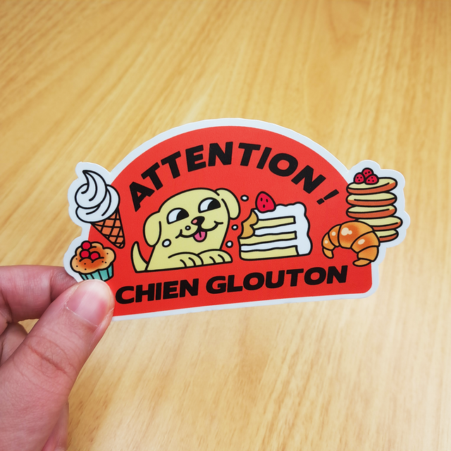 Autocollant "Attention chien glouton"