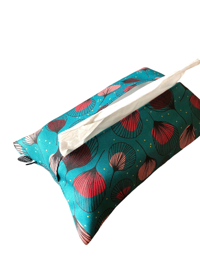 Pochette mouchoirs - PLUMES rouge fond turquoise