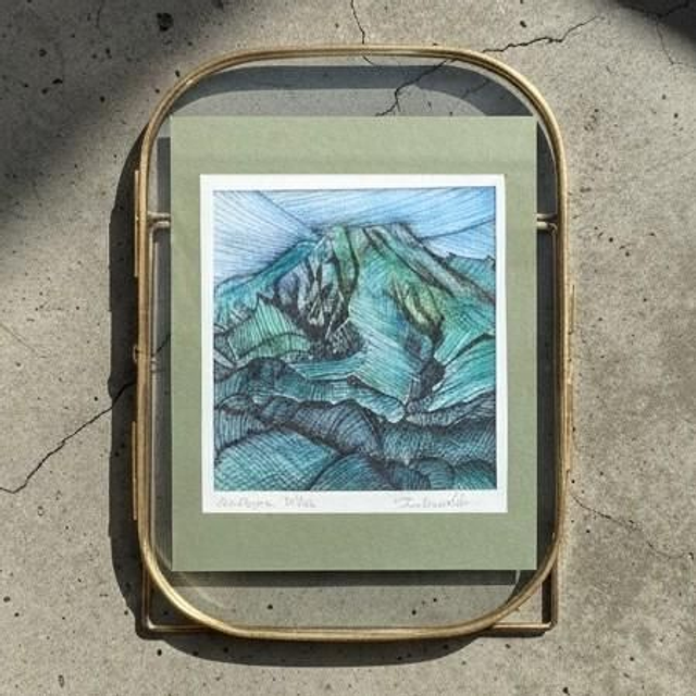 Encre et aquarelle - cadre verre - La Montagne Pelée - Martinique 