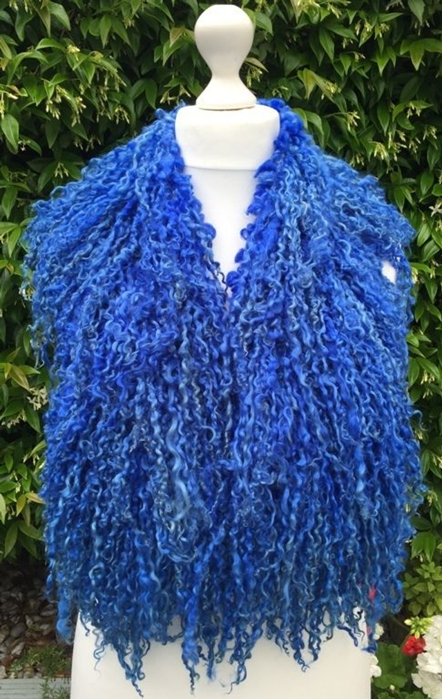 Hand Knitted Scarf With Teeswater Locks in Blue