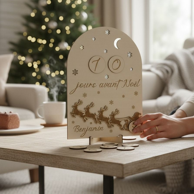 Calendrier de l&#039;Avent , décompte de Noël - décoration personnalisée en bois gravé - décor Traîneau