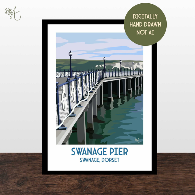 Swanage Pier, Travel Poster Print - Vintage Style Dorset Wall Art