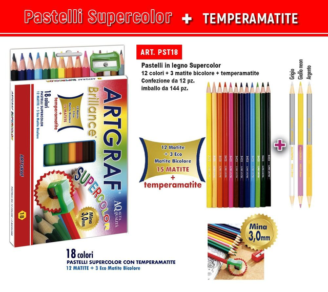 PASTELLI ARTGRAF SUPERCOLOR 12 + 3 MATITE BICOLOR + TEMPERAMATITA 
