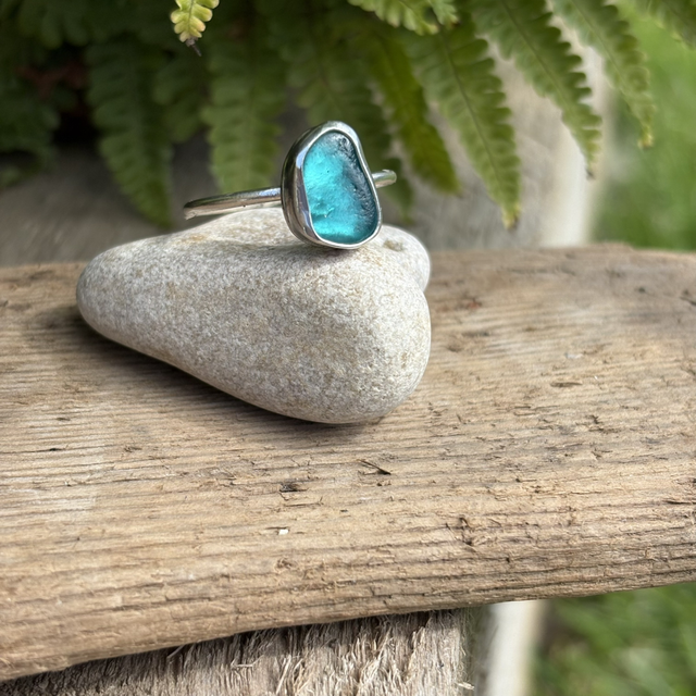 Aqua Seaglass & Recycled Silver Ring Size U