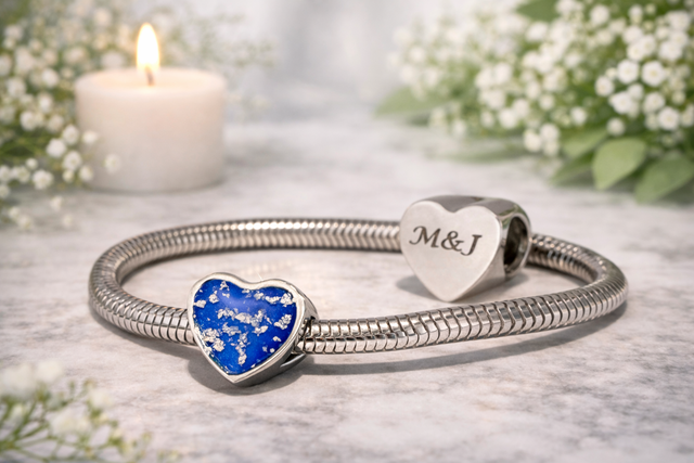 Custom Made Engraved Memorial Heart Charm with Stainless Steel Snake Chain Bracelet 