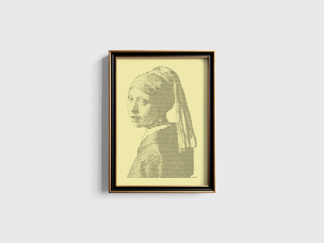 A3 Schreibmaschinen-Gemälde Meisje met de Parel in Schwarz auf Elfenbein