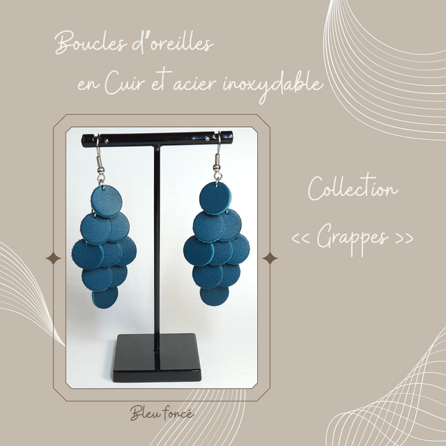 Boucles d&#039;oreilles Grappe en cuir - Bleu foncé