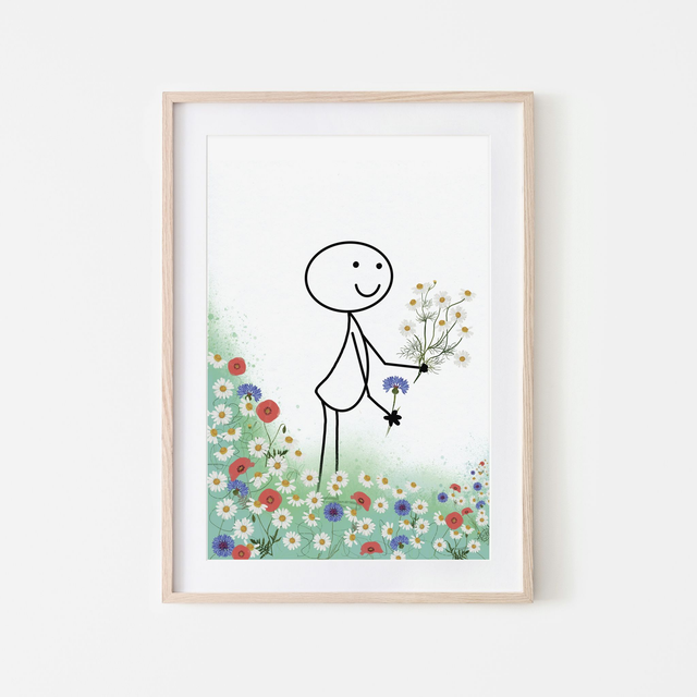 Robin in bloemenveld posterprint