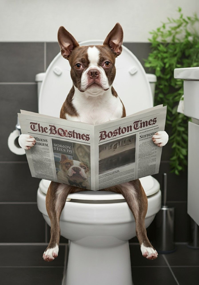 Boston Terrier on the Toilet Framed Canvas