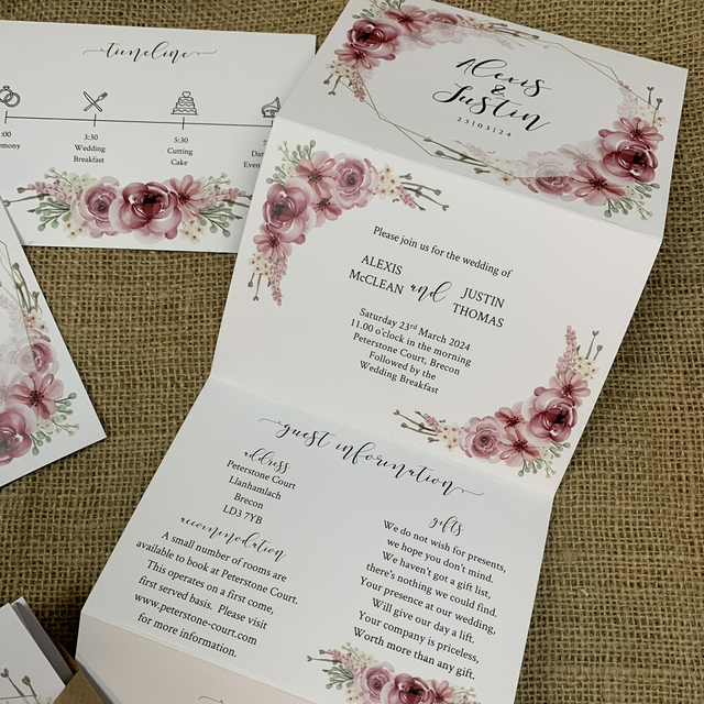 Dusky pink florals - concertina Wedding invitations - including guest information & RSVP