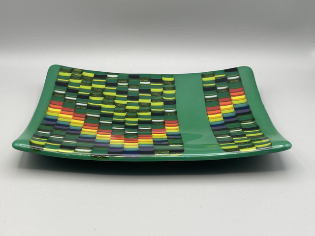 Green Dish with Multicoloured Barcode Design