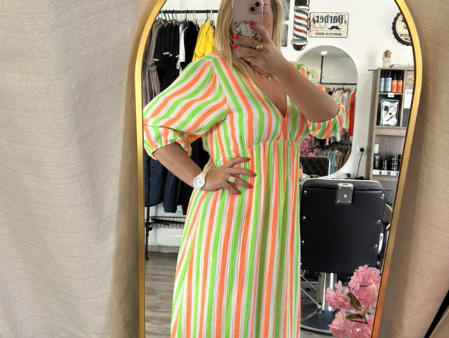 Robe longue rayé vert et orange gaze de coton 