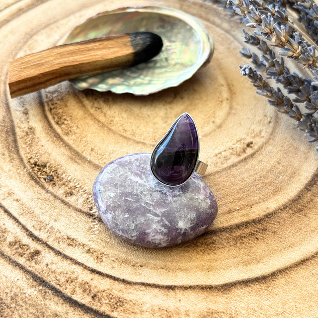 Bague goutte réglable améthyste & inox couleur argenté