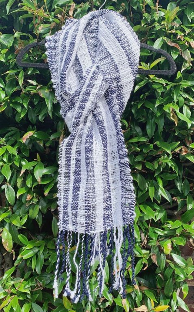 Handwoven Summer Scarf in White and Navy, Unisex, Vegan