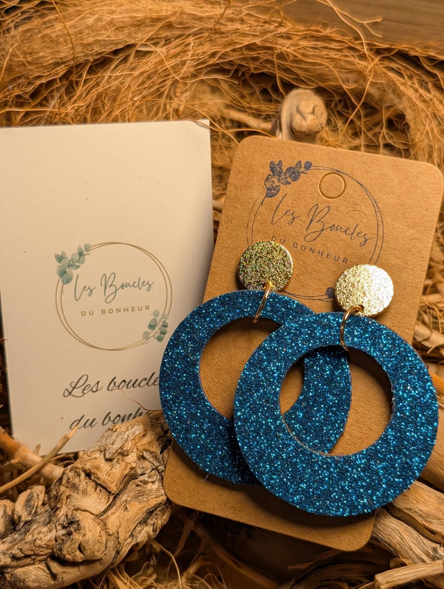 Boucles d'oreilles Années 80/90 Moon bleu paillettes x033