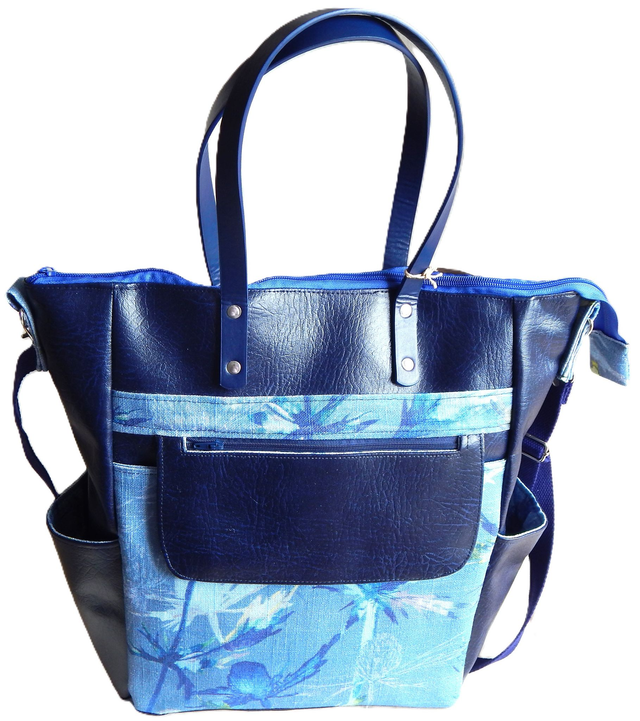 Cabin Bag made with Blue Faux Leather and Blue Flowery Fabric