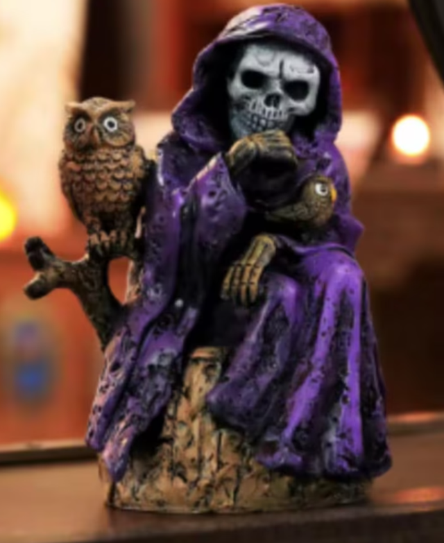 Prachtig beeldje Skelet paars met uil (15cm)
