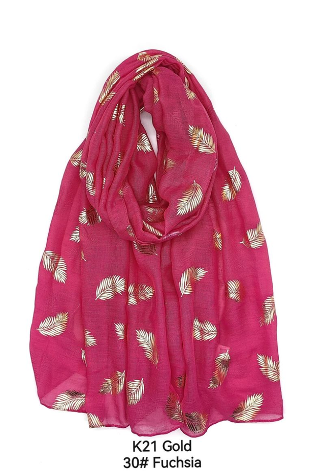 *FOULARD FUSCHIA GROSSES FEUILLES DOREES 