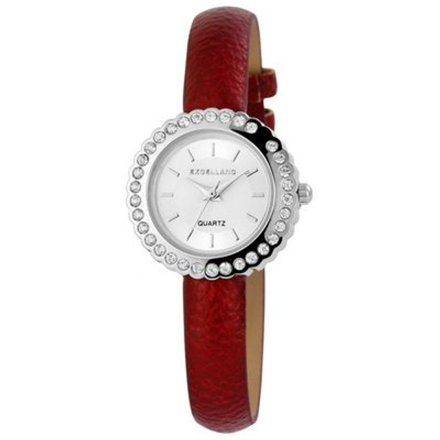 montre femme fond blanc et trass bracelet cuir de couleur rouge marque Excellanc