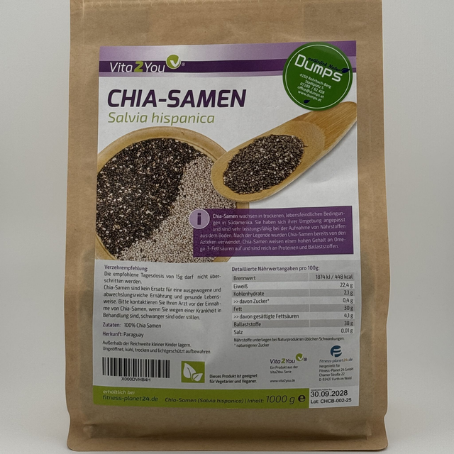 Vita2You Chia Samen 1kg Zippbeutel - Salvia Hispanica - Premium Qualität