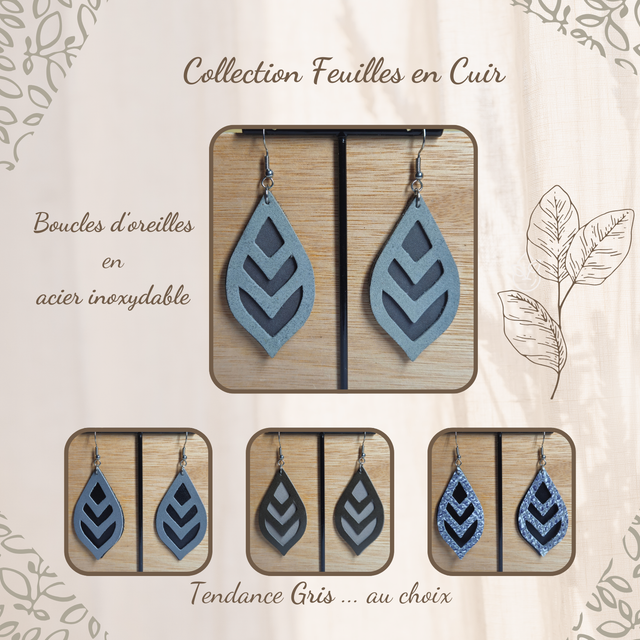 Boucles d&#039;oreilles en cuir  - Feuilles, tendance Gris ... 