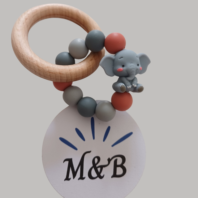🔸 Anneau de dentition bois &amp; silicone – Éléphant 3D 🐘